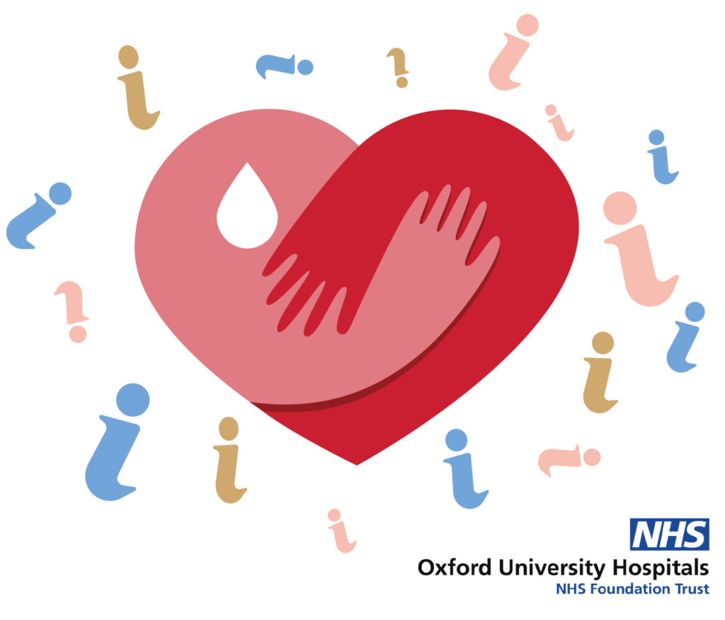 Heart with hands holding it and a NHS Oxford University Hospitals NHS Foundation Trust Logo